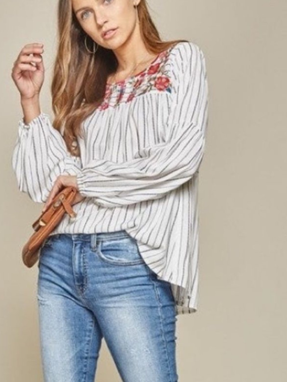 Striped White Peasant Top Embroidered Floral Yoke - White, Med